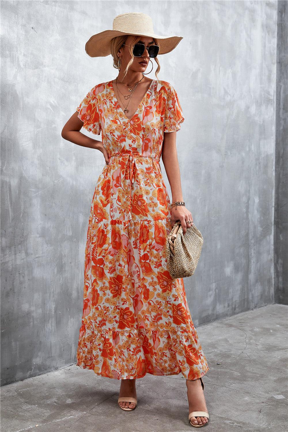 Floral Buttoned Drawstring Waist Tiered Dress - Trendsi - Flyclothing LLC