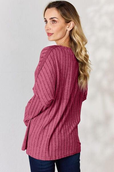 Basic Bae Full Size Ribbed Half Button Long Sleeve T-Shirt - Trendsi