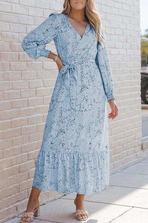 Printed Tie Front Ruffle Hem Dress - Trendsi - Flyclothing LLC