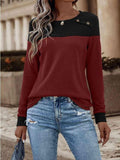 Contrast Buttoned Round Neck Long Sleeve T-Shirt - Trendsi