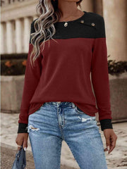 Contrast Buttoned Round Neck Long Sleeve T-Shirt - Trendsi