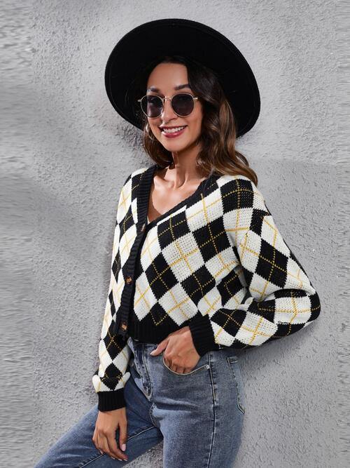 Geometric Button Up Long Sleeve Cardigan - Trendsi