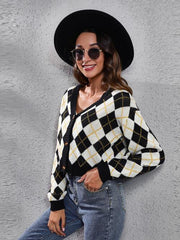 Geometric Button Up Long Sleeve Cardigan - Trendsi