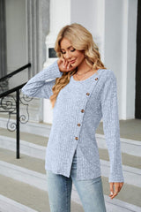 Buttoned Long Sleeve Slit Top - Trendsi - Flyclothing LLC