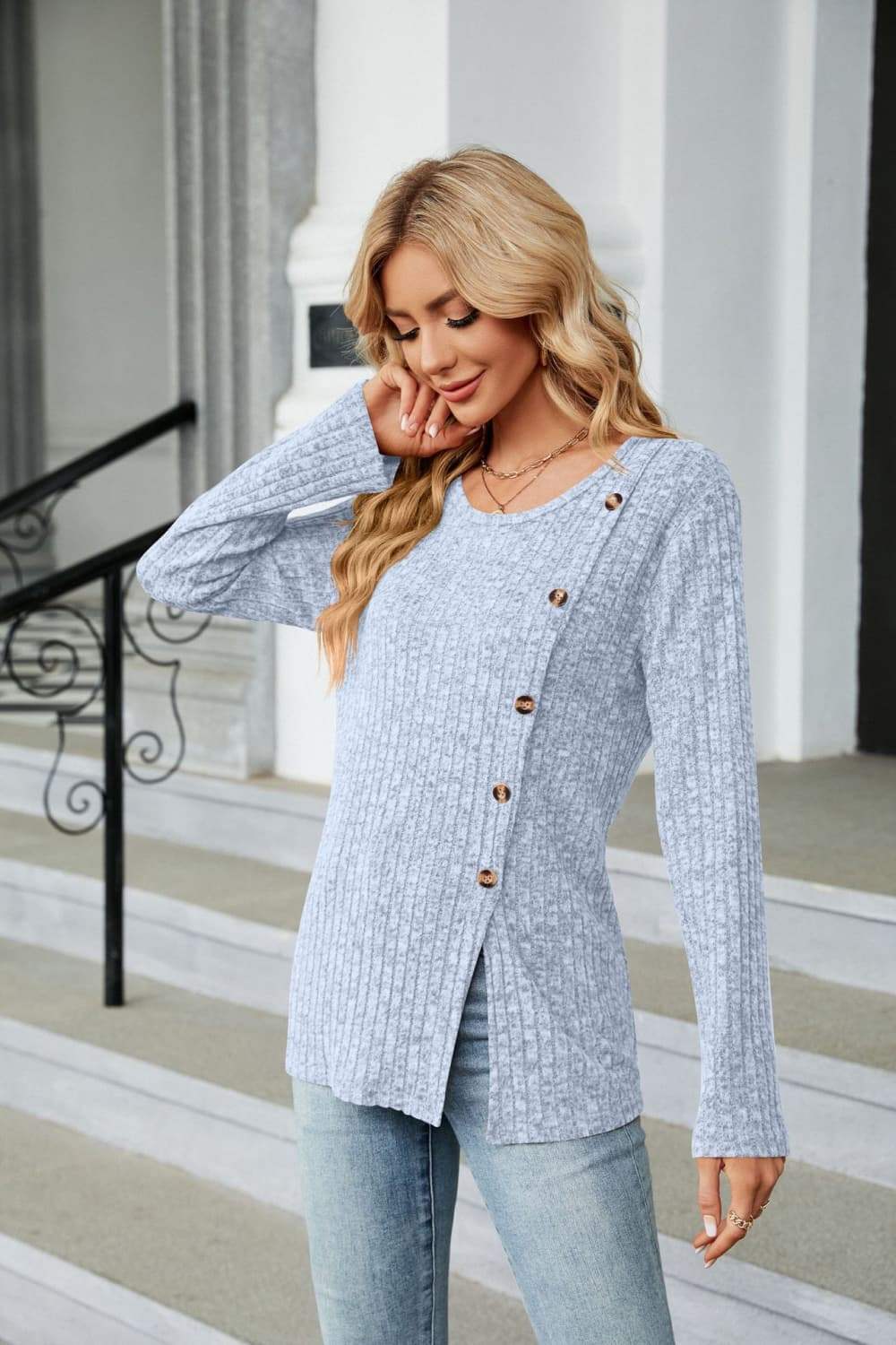 Buttoned Long Sleeve Slit Top - Trendsi - Flyclothing LLC