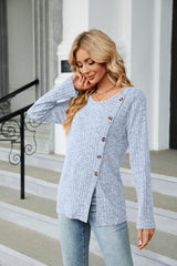 Buttoned Long Sleeve Slit Top - Trendsi