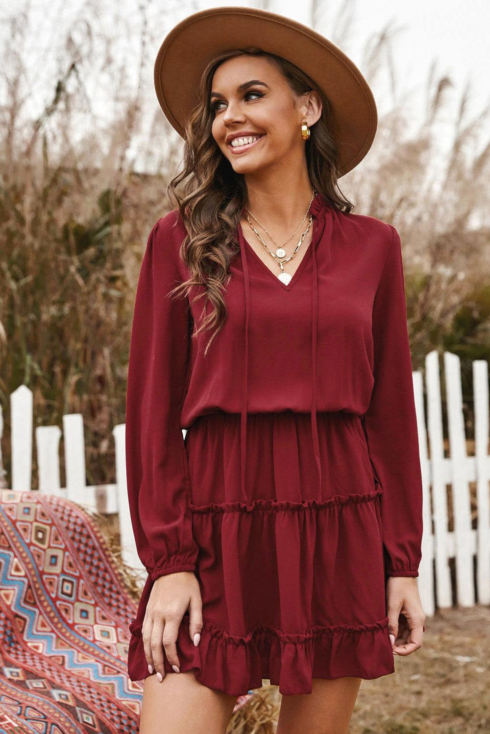 Tied Frill Trim Puff Sleeve Mini Dress - Flyclothing LLC