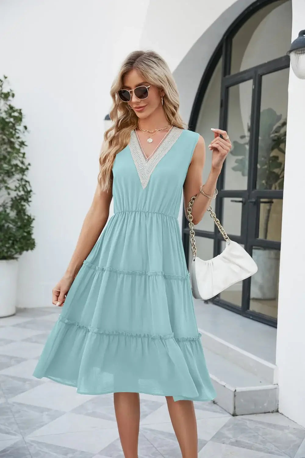 Contrast V-Neck Sleeveless Tiered Dress - Trendsi - Flyclothing LLC