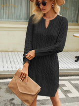 Notched Neck Cable-Knit Slit Sweater Dress - Trendsi - Flyclothing LLC