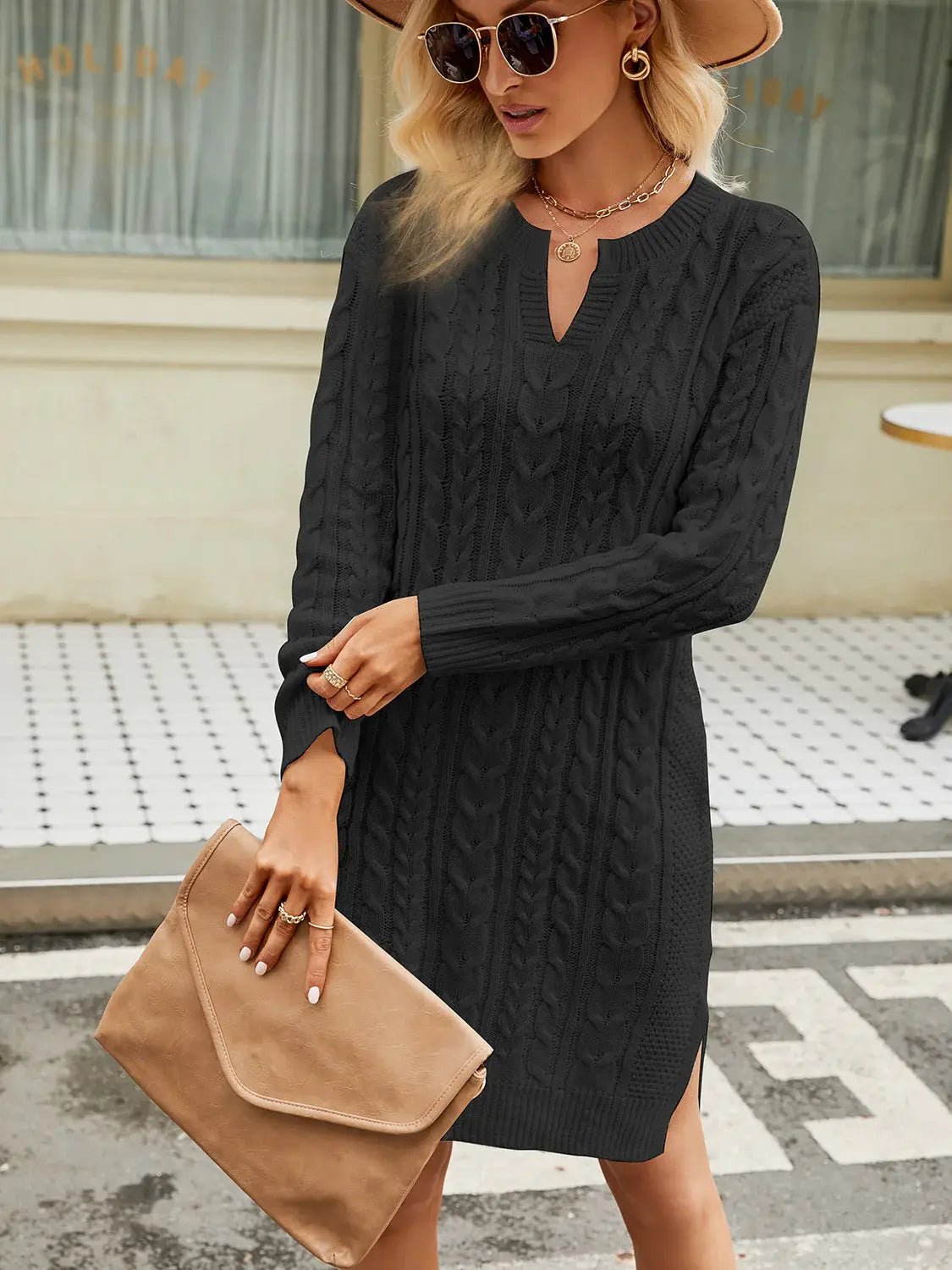 Notched Neck Cable-Knit Slit Sweater Dress - Trendsi - Flyclothing LLC