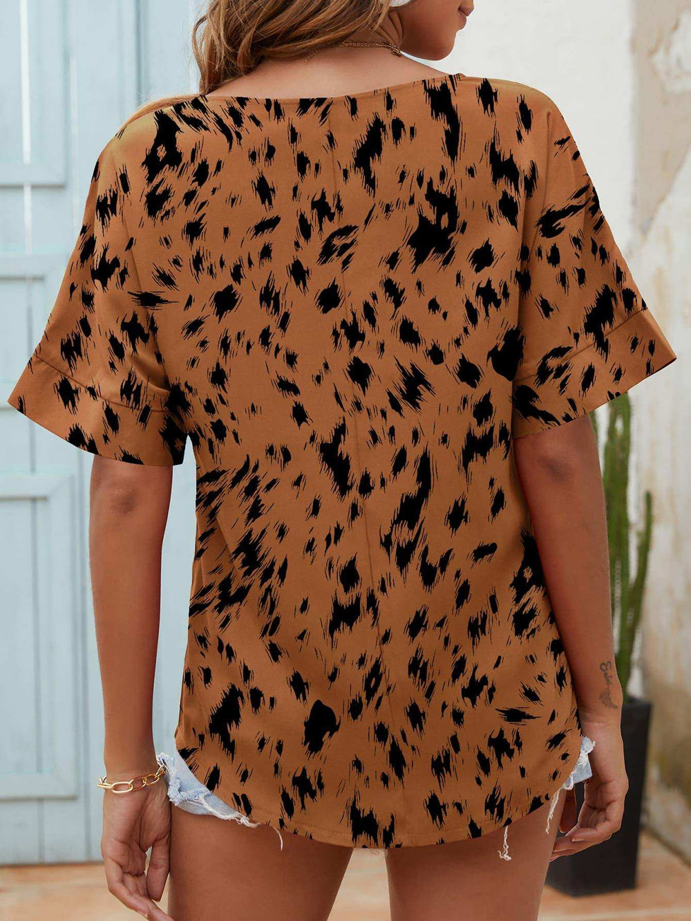 Printed Notched Neck Half Sleeve Blouse - Trendsi - Flyclothing LLC