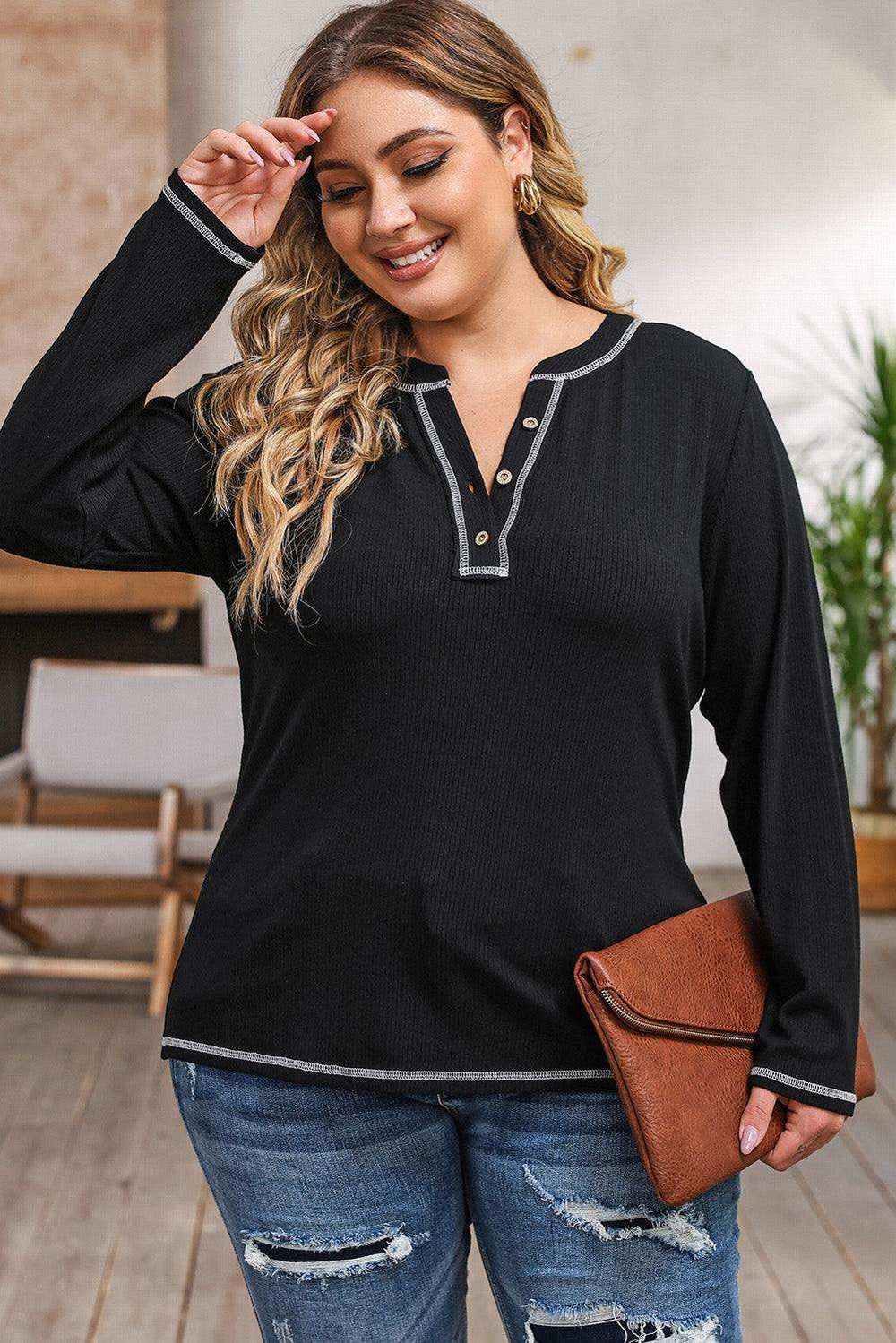 Plus Size Notched Neck Long Sleeve T-Shirt - Trendsi - Flyclothing LLC