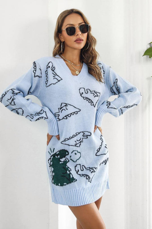 Dinosaur Pattern V-Neck Sweater Dress - Trendsi