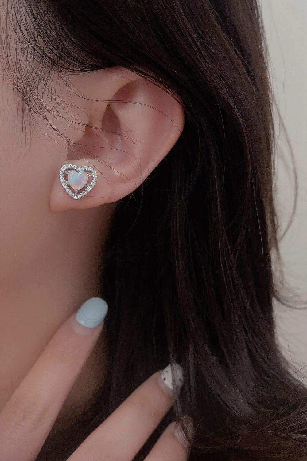 925 Sterling Silver Opal Heart Stud Earrings - Trendsi - Flyclothing LLC