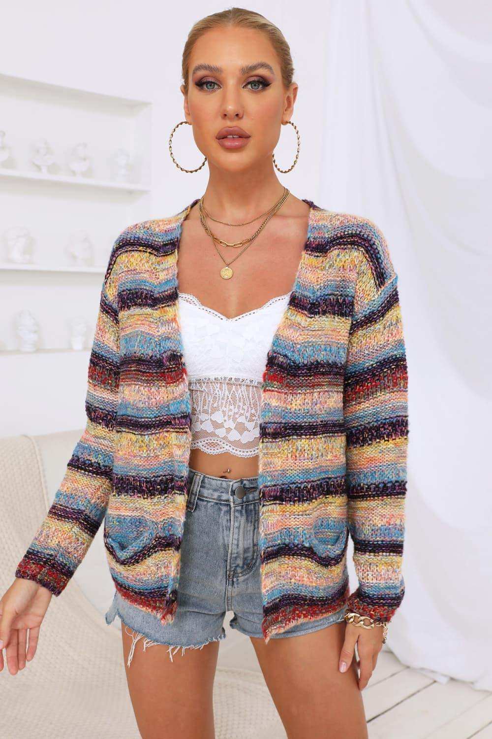 Striped Long Sleeve Open Front Cardigan - Trendsi - Flyclothing LLC