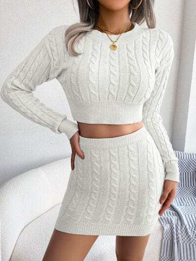 Cable-Knit Round Neck Top and Skirt Sweater Set - Trendsi - Flyclothing LLC