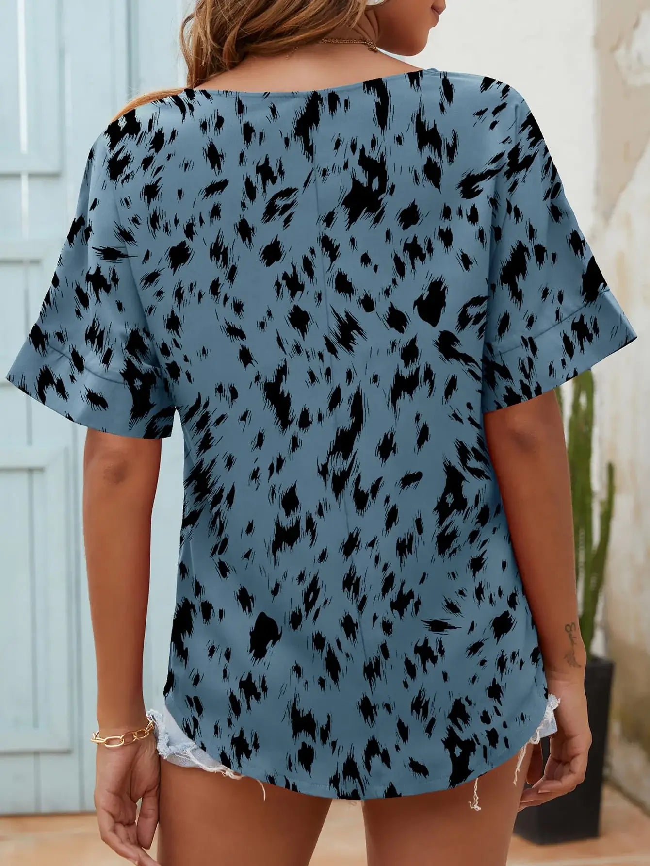 Printed Notched Neck Half Sleeve Blouse - Trendsi - Flyclothing LLC