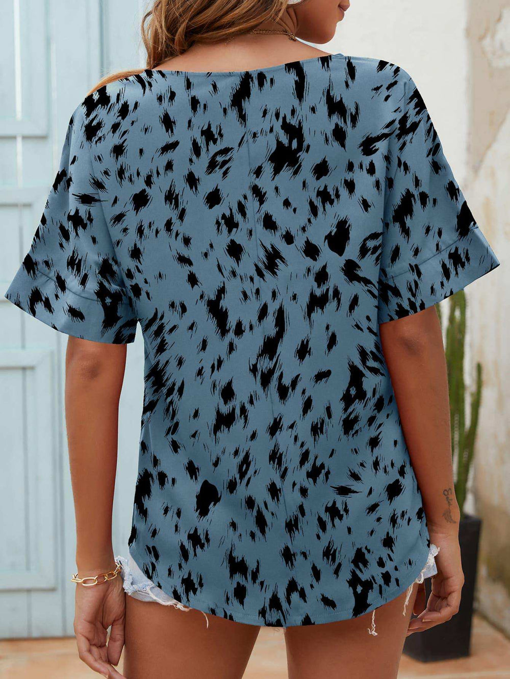 Printed Notched Neck Half Sleeve Blouse - Trendsi - Flyclothing LLC