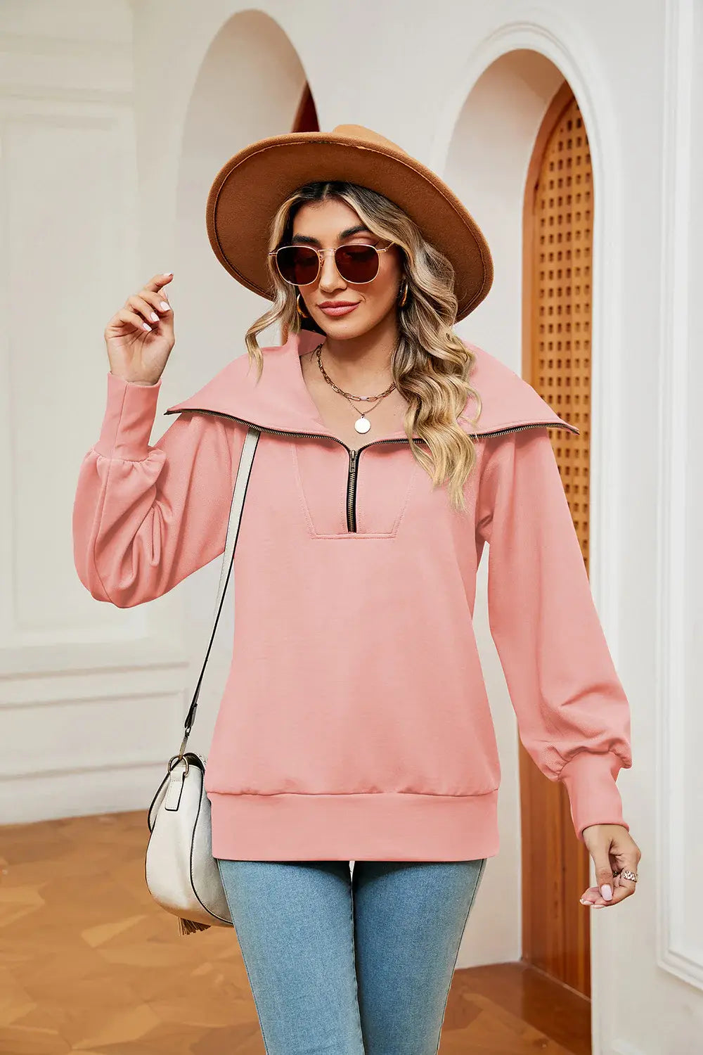 Half-Zip Collared Sweatshirt - Trendsi - Flyclothing LLC