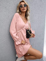 Frill V-Neck Flounce Sleeve Ruffle Hem Dress - Trendsi - Flyclothing LLC