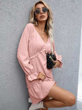 Frill V-Neck Flounce Sleeve Ruffle Hem Dress - Trendsi - Flyclothing LLC