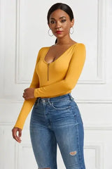 Half Zip Scoop Neck Long Sleeve Bodysuit - Trendsi - Flyclothing LLC