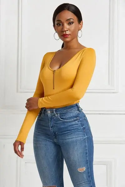 Half Zip Scoop Neck Long Sleeve Bodysuit - Trendsi - Flyclothing LLC