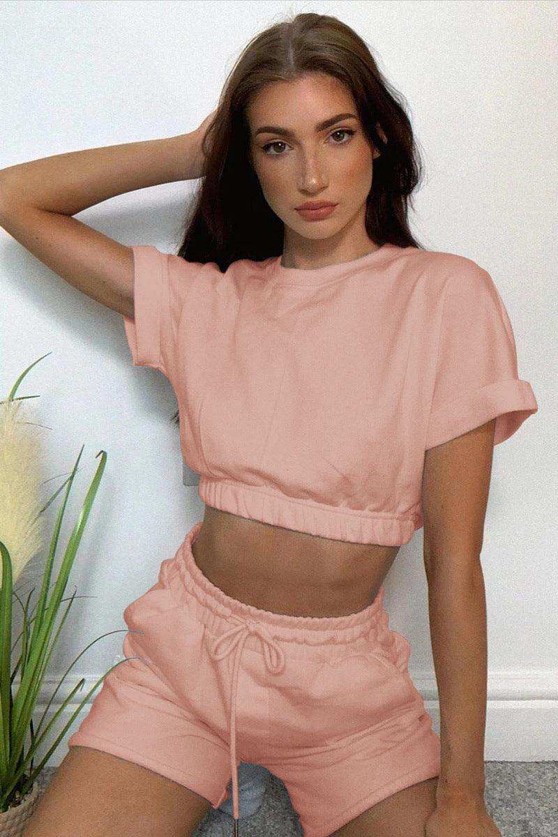 Short Sleeve Cropped Top and Drawstring Shorts Lounge Set - Trendsi - Flyclothing LLC