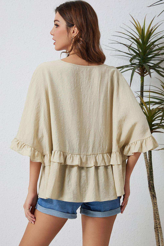 Ruffled V-Neck Half Sleeve Blouse - Trendsi - Flyclothing LLC