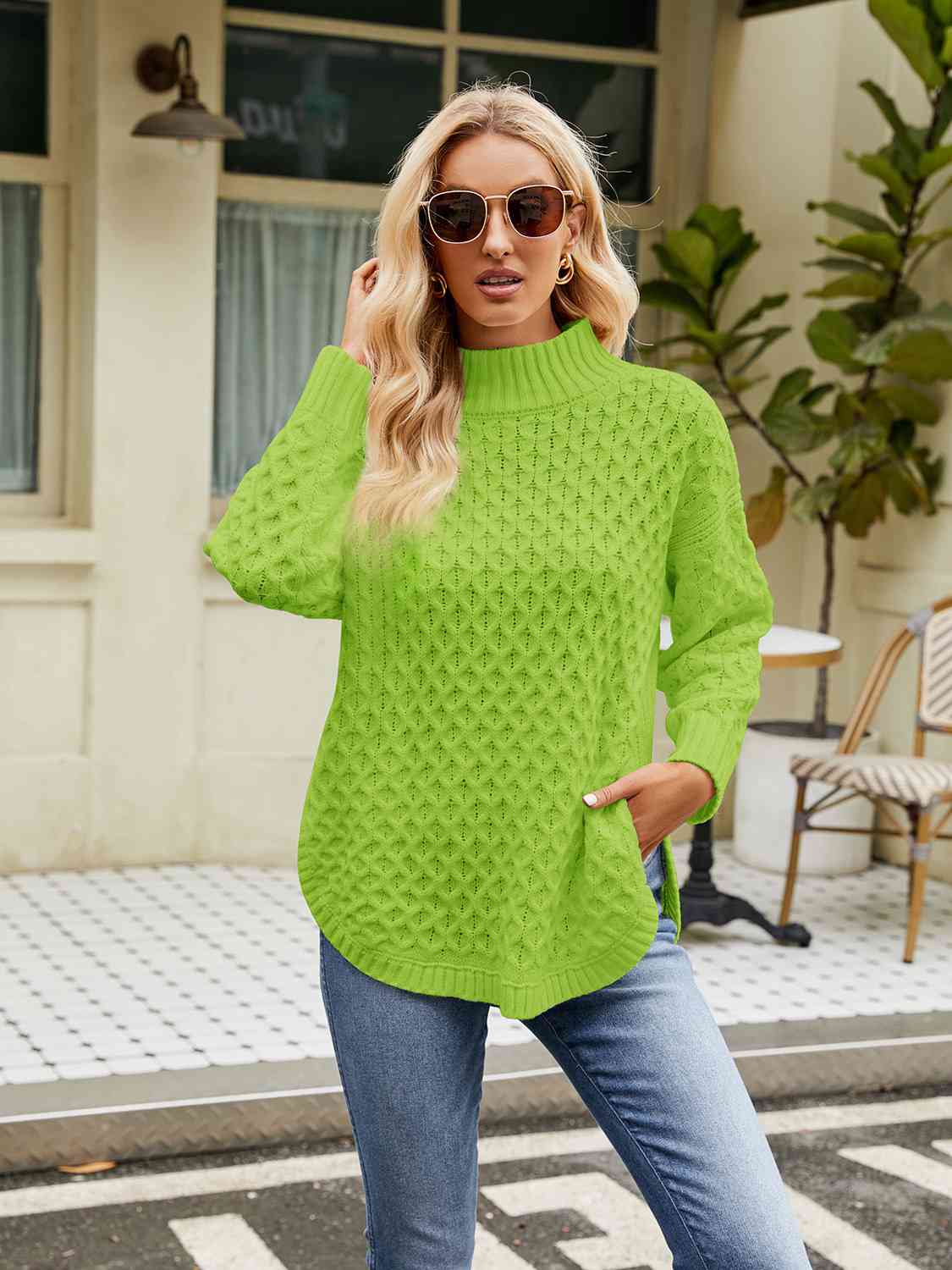 Mock Neck Slit Sweater - Trendsi - Flyclothing LLC