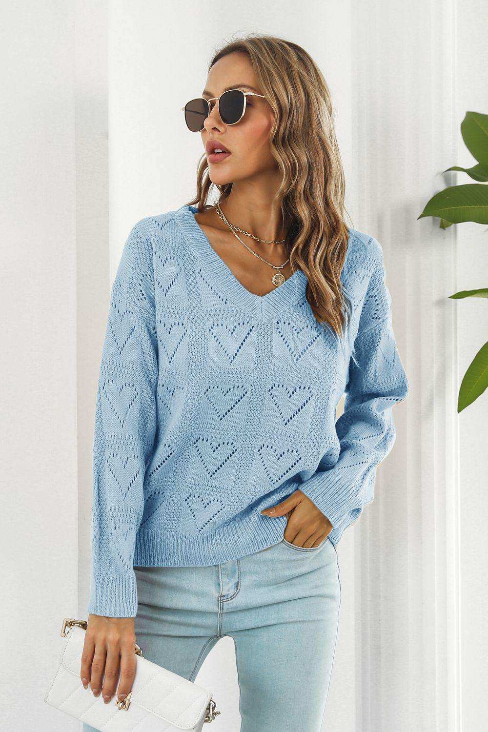 V-Neck Drop Shoulder Sweater - Trendsi - Flyclothing LLC