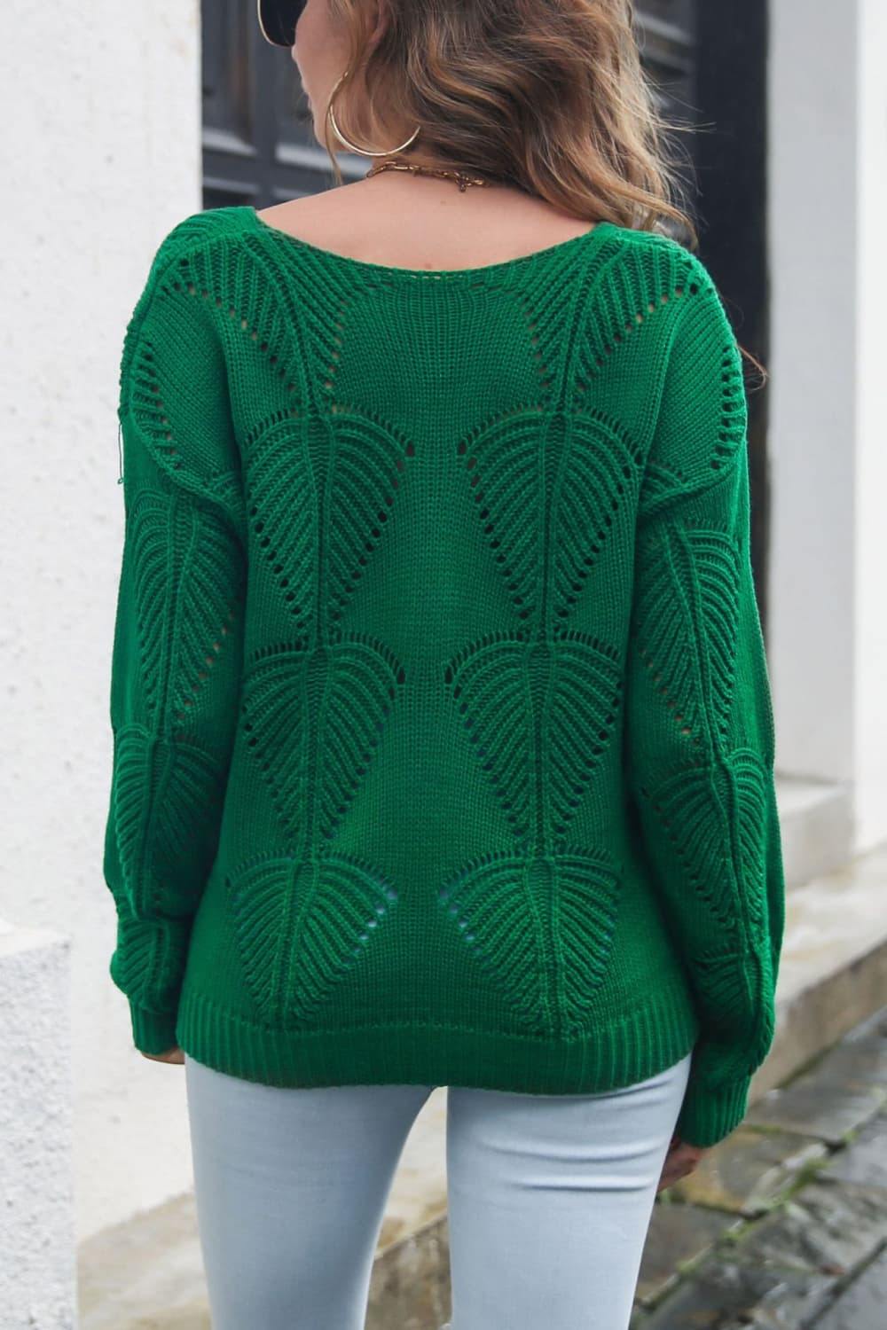 Openwork V-Neck Dropped Shoulder Sweater - Trendsi