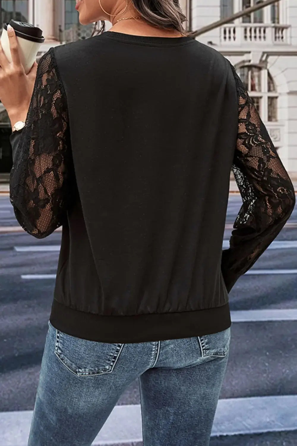 Round Neck Lace Trim Long Sleeve Sweatshirt - Trendsi - Flyclothing LLC