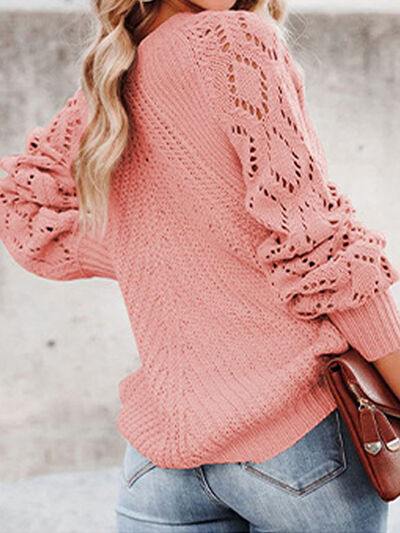 Openwork Round Neck Lantern Sleeve Sweater - Trendsi