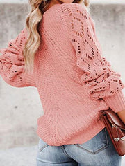 Openwork Round Neck Lantern Sleeve Sweater - Trendsi