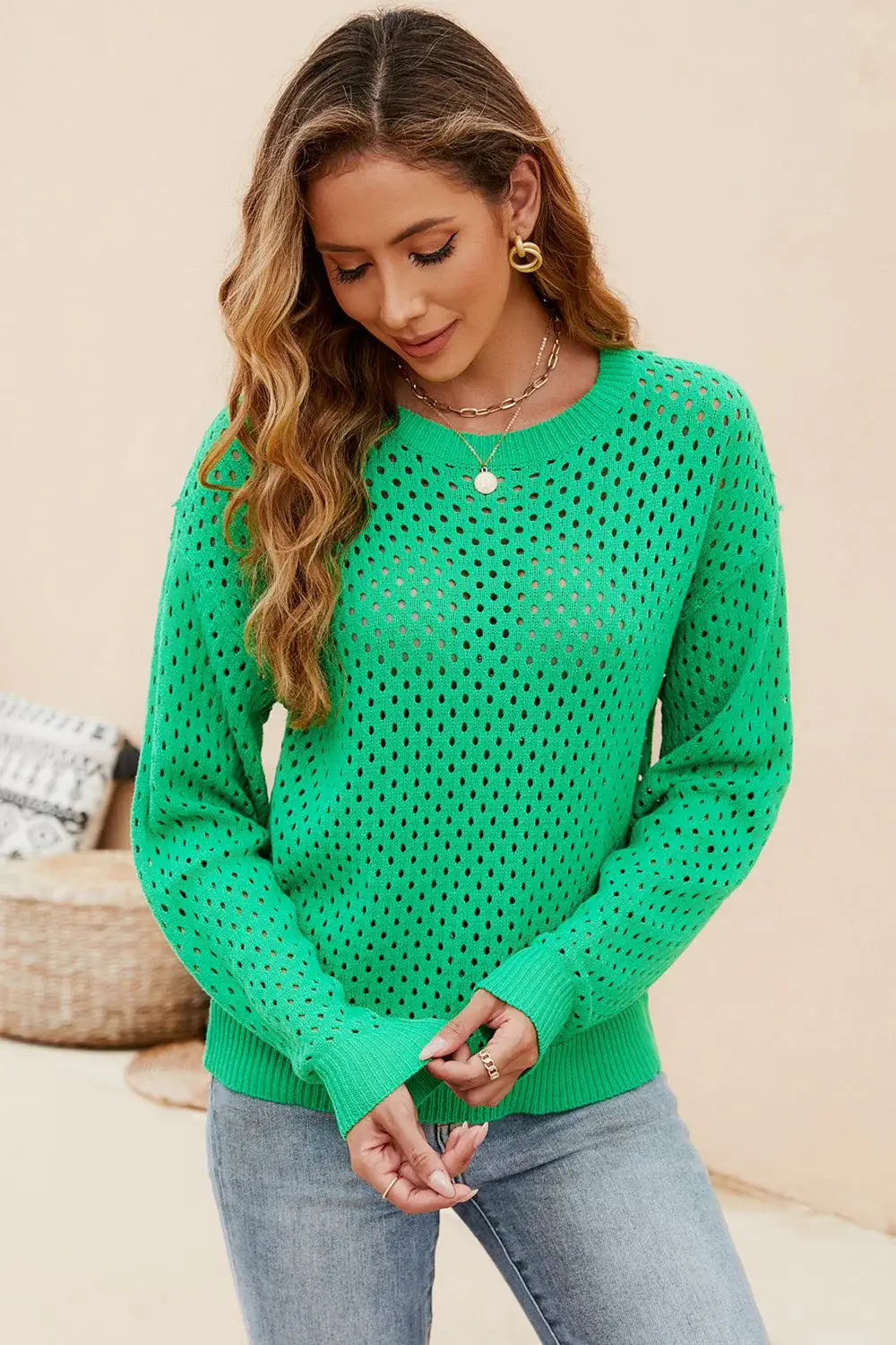 Round Neck Openwork Dropped Shoulder Knit Top - Trendsi - Flyclothing LLC