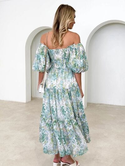 Printed Smocked Off-Shoulder Tiered Dress - Trendsi