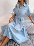 Short Sleeve Collared Tie Belt Dress - Trendsi