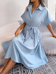 Short Sleeve Collared Tie Belt Dress - Flyclothing LLC