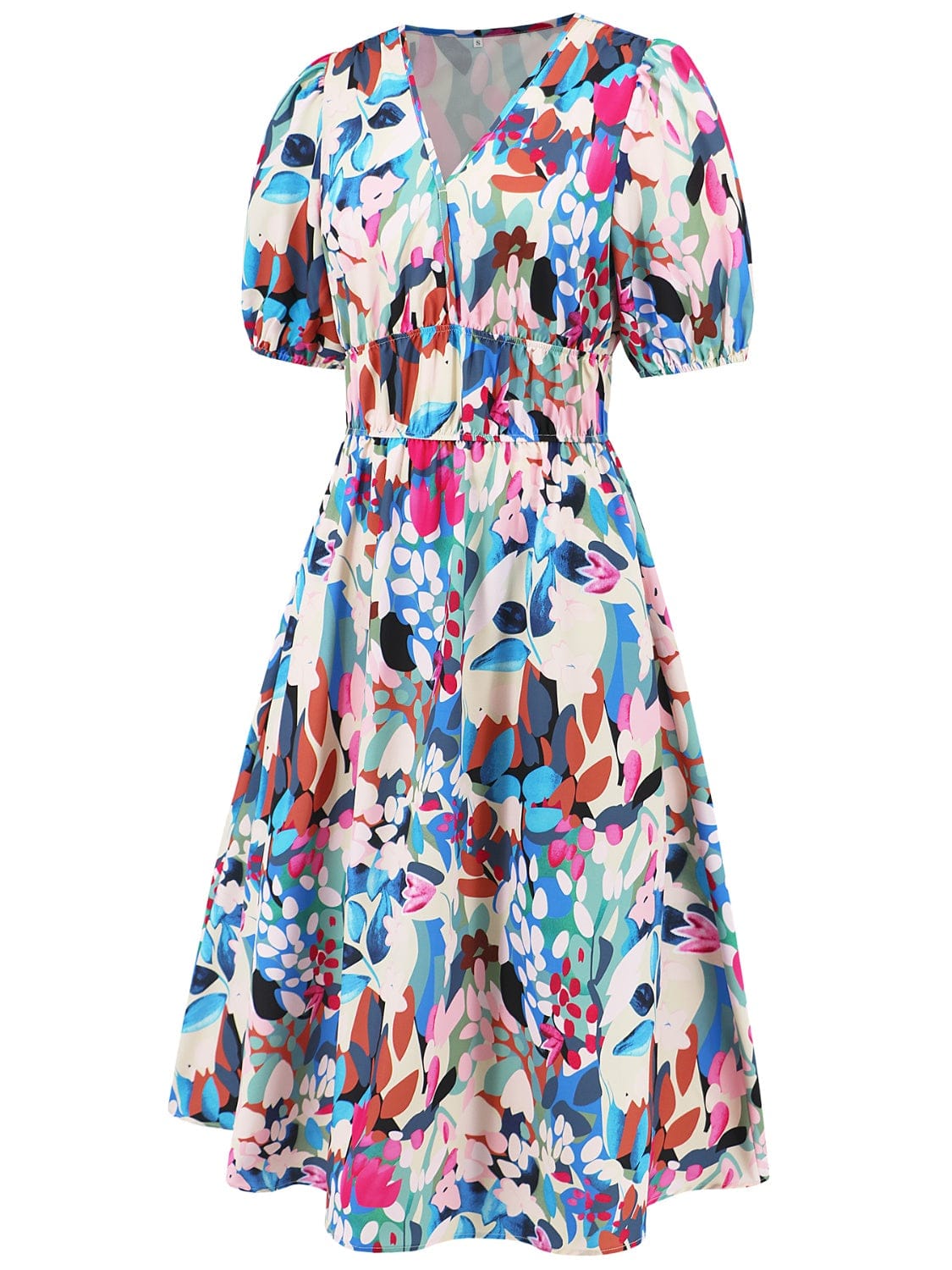 Ruched Printed Surplice Short Sleeve Dress - Trendsi