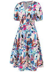 Ruched Printed Surplice Short Sleeve Dress - Trendsi