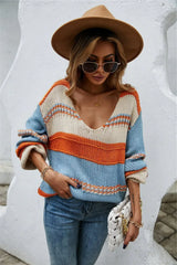 Color Block Scoop Neck Dropped Shoulder Sweater - Trendsi - Flyclothing LLC