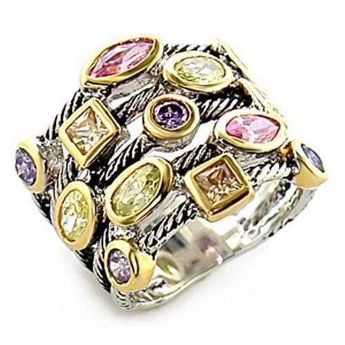 Alamode Reverse Two-Tone Brass Ring with AAA Grade CZ in Multi Color - Alamode - Flyclothing LLC