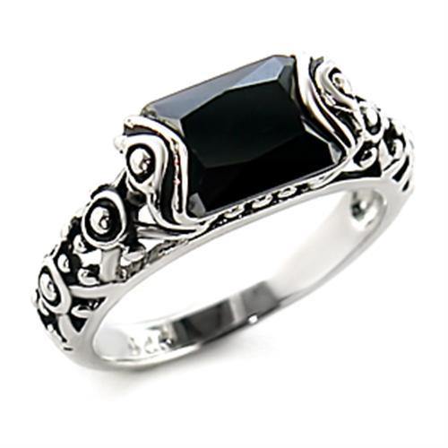 Alamode Rhodium Brass Ring with AAA Grade CZ in Jet - Alamode
