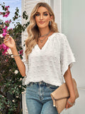 Swiss Dot Notched Neck Flare Sleeve Blouse - Trendsi - Flyclothing LLC