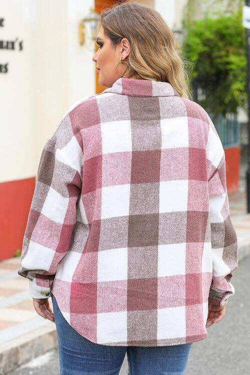 Plus Size Plaid Button Up Collared Neck Jacket - Trendsi - Flyclothing LLC