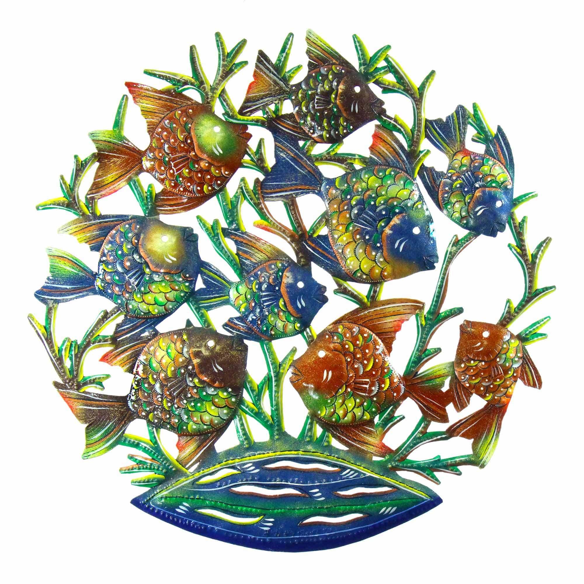 24-Inch Painted School of Fish Metal Wall Art - Croix des Bouquets - Croix des Bouquets