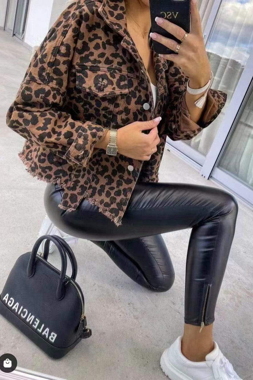 Leopard Raw Hem Denim Jacket - Trendsi - Flyclothing LLC