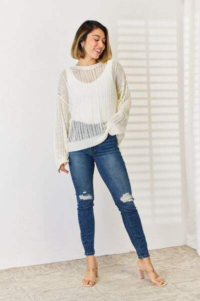 HYFVE Openwork Ribbed Trim Long Sleeve Knit Top - Trendsi - Flyclothing LLC