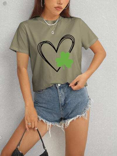 Heart Lucky Clover Short Sleeve T-Shirt - Trendsi - Flyclothing LLC